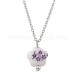 Handmade Printed Porcelain Flower Pendant Brass Cable Chain Necklaces for Women&nbsp;NJEW-JN05746