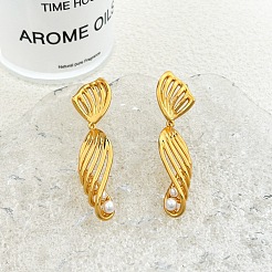 Line Brass Imitation Pearl Dangle Stud Earrings&nbsp;EJEW-M084-01G