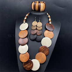 Bohemian Vintage Style Wooden Flat Round Beaded Necklaces & Dangle Earrings & Beadeed Bracelets Sets for Women&nbsp;FS-WGEDB9C-01
