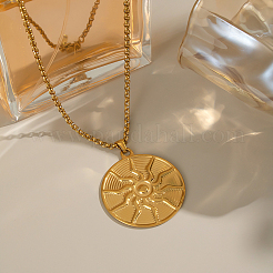 304 Stainless Steel Flat Round with Sun Pendant Necklaces for Women&nbsp;KE4439-1