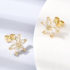Flower Brass Micro Pave Clear Cubic Zirconia Stud Earrings&nbsp;EJEW-D355-05G