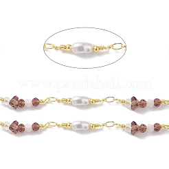 Brass Glass Bead Link Chains with ABS Imitation Pearl Beads&nbsp;CHS-P016-39G-05