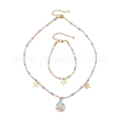 Natural Shell Bead & 304 Stainless Steel Dragonfly & 
Alloy Enamel Teardrop with Butterfly Pattern Pendant Necklace & Charm Bracelets Sets&nbsp;SJEW-JS01376