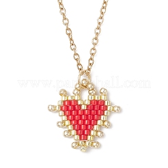 Handmade Glass Seed Beaded Heart Pendant 304 Stainless Steel Cable Chain Necklaces for Women&nbsp;NJEW-MZ00137