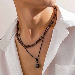 Wood Heishi Beaded Tiger Eye Rondelle Pendant Waxed Cord Double Layer Necklaces for Men&nbsp;FS-WG2829B-01