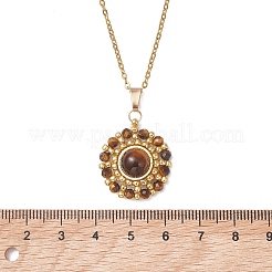 Natural Tiger Eye Faceted Round & Gold Glass Seed Beaded Sun Pendant 304 Stainless Steel Cable Chain Necklaces for Women&nbsp;NJEW-MZ00149-01