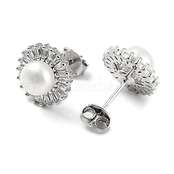Anti-Tarnish Cubic Zirconia Flower with Natural Pearl Stud Earrings&nbsp;EJEW-F318-16P