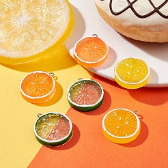 6Pcs 3 Colors Flat Round Resin Fruit Pendants&nbsp;RESI-YW0001-44