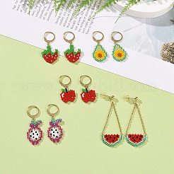5 Pairs 5 Styles Handmade Japanese Seed Braided Fruit Dangle Leverback Earrings & Stud Earrings&nbsp;EJEW-MZ00022