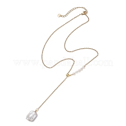 Adjustable Natural Keshi Pearl Rectangle Pendant 304 Stainless Steel Cable Chain Lariat Y Necklaces&nbsp;NJEW-JN05950