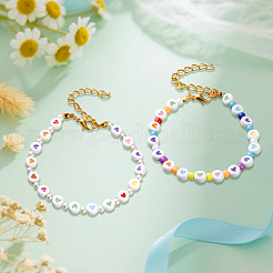 8Pcs 2 Colors Flat Round with Heart Acrylic Beads Bracelets for Women&nbsp;BJEW-HY0001-16