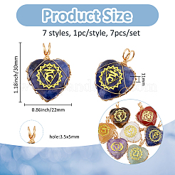 7Pcs 7 Styles Chakra Natural Tiger Eye & Sodalite & Red Jasper & Quartz Crystal & Green Aventurine & Amethyst & Red Aventurine Copper Wire Wrapped Heart Pendants with Golden Tone Metal Slices&nbsp;PALLOY-FH00093