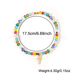 Natural Stone and Glass Faceted Rondelle Beaded Stretch Bracelets with Brass Religion Cross Charms for Women&nbsp;KR8721-6