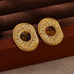 304 Stainless Steel & Natural Tiger Eye Stud Earrings&nbsp;WG09903-01