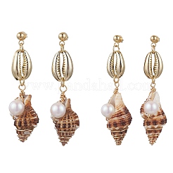 Alloy Natural Shell Beaded Dangle Stud Earrings&nbsp;EJEW-JE06268