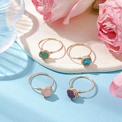 4Pcs 4 Styles Round Natural Green Aventurine & Amethyst & Hemimorphite & Rose Quartz Finger Rings Sets&nbsp;RJEW-TA00147