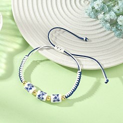 Adjustable Handmade Chinoiserie Floral Printed Porcelain Column Beads & Brass Braided Bead Bracelets for Women&nbsp;BJEW-JB14210