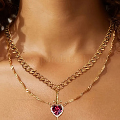 2Pcs Sword & Heart Zinc Alloy Light Siam Rhinestone Pendant Double Layer Necklaces for Women&nbsp;FS-WG484C5-01