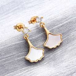 Leaf Brass Micro Pave Cubic Zirconia Dangle Stud Earrings&nbsp;KK-D363-14G