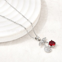 Brass Pave Clear and Red Cubic Zirconia Cherry Pendant 304 Stainless Steel Cable Chain Necklaces for Women&nbsp;NJEW-H092-05P