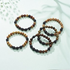Natural Lava Rock & Wood Beaded Stretch Bracelet&nbsp;BJEW-JB08534-02