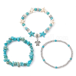 3Pcs 3 Style Synthetic Turquoise Chips & Starfish Beaded Stretch Bracelets Set&nbsp;BJEW-TA00391