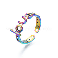 Ion Plating(IP) Rainbow Color 304 Stainless Steel Word Love Open Cuff Ring for Women&nbsp;RJEW-S405-262M