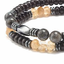 2Pcs 2 Style Coconut & Natural Larvikite & Watermelon Stone Glass Stretch Bracelets Set&nbsp;BJEW-JB07832