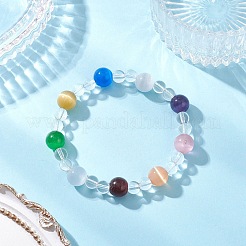 4Pcs 4 Colors Cat Eye & Synthetic Quartz Crystal & Natural Carnelian(Dyed & Heated) & Natural Rose Quartz & Natural Green Aventurine Round Beaded Stretch Bracelet Sets&nbsp;BJEW-JB12246