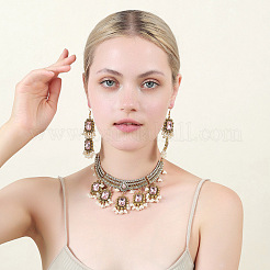 Rectangle Alloy Glass Choker Necklace & Earrings Sets for Women&nbsp;FS-WG507E8-04