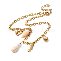 304 Stainless Steel Dolphin Sea Horse & Natural Shell Pendant Necklaces for Women&nbsp;NJEW-F346-07G