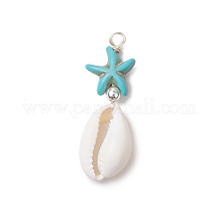 2Pcs 2 Colors Cowrie Shell & Synthetic Turquoise Starfish Pendants&nbsp;PALLOY-JF03407