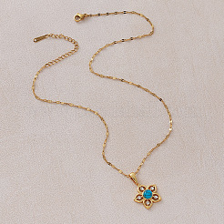 Vintage 304 Stainless Steel & Synthetic Turquoise Flower Pendant Necklaces with Crystal Rhinestone for Women&nbsp;LS-RQ4537