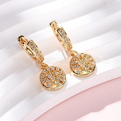 Flat Round with Tree Brass Micro Pave Clear Cubic Zirconia Hoop Earrings&nbsp;EJEW-F384-10G