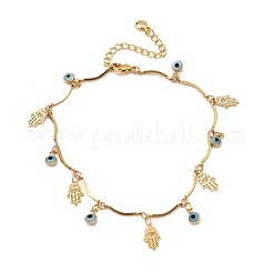 Bohemian Brass & Resin Light Blue Evil Eye & Hamda Hand Tassel Anklets&nbsp;AJEW-Z046-01G