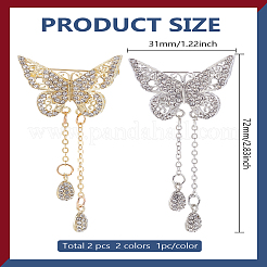 2Pcs 2 Colors Hollow Butterfly Zinc Alloy Crystal Rhinestone Teardrop Tassel Brooches&nbsp;JEWB-LP0001-01