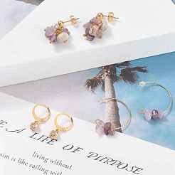 3 Pairs 3 Style Natural Amethyst Chips Beaded Cluster Dangle Stud & Leverback Earrings&nbsp;EJEW-JE04895-04
