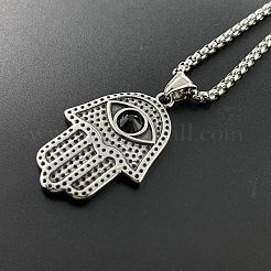 Retro Punk Style 304 Stainless Steel Jet Rhinestone Hamsa Hand Pendant Necklaces for Hip-hop Fashion Men&nbsp;JT3718