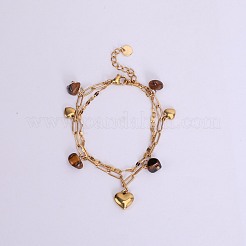 Heart 304 Stainless Steel & Natural Tiger Eye Chip Charm Bracelets&nbsp;WG7952F-03