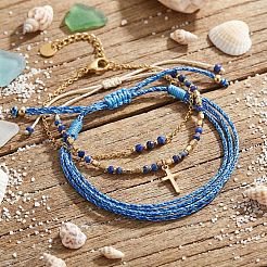 3Pcs Adjustable Natural Lapis Lazuli Beaded Braided Bracelet Sets&nbsp;IL6512-3