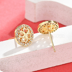 Flat Round with Clover Brass Micro Pave Clear Cubic Zirconia Stud Earrings&nbsp;EJEW-H162-01G