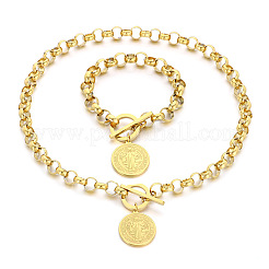 Flat Round with Saint Benedict 304 Stainless Steel Rolo Chain Pendant Necklace & Charm Bracelets Sets&nbsp;FS-WGC58E4-01
