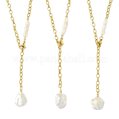 Adjustable Natural Baroque Keshi Pearl Tassel 304 Stainless Steel Cable Chain Lariat Necklaces for Women&nbsp;NJEW-JN06212
