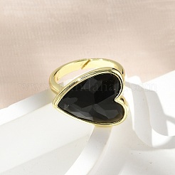 Heart Brass Natural Obsidian Finger Rings&nbsp;X-RJEW-D304-01G-G