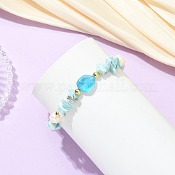 Natural Larimar Chips & Cultured Freshwater Pearl & Frosted Glass Beaded Stretch Bracelets for Women&nbsp;BJEW-JB13845
