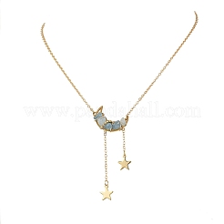 Natural Aquamarine Chip Beads Moon Pendant Brass Cable Chain Necklaces for Women&nbsp;NJEW-TA00257-04