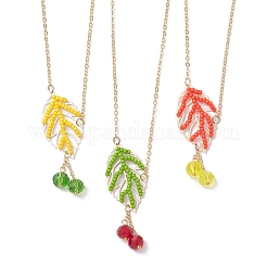 3Pcs 3 Colors Handmade Glass Seed Beaded Leaf Shape Pendants Brass Cable Chain Necklaces for Women&nbsp;NJEW-MZ00127