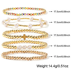 5Pcs 5 Styles Brass & Freshwater Pearl Round Beads Stretch Bracelet Set&nbsp;XL2299-2