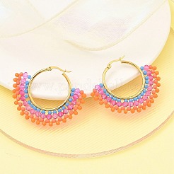 304 Stainless Steel & Bohemian Beaded Fan Hoop Earrings for Women&nbsp;EJEW-R001-01G-05