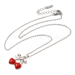 Brass Pave Clear Cubic Zirconia Enamel Bowknot Red Cherry Pendant 304 Stainless Steel Cable Chain Necklaces for Women&nbsp;NJEW-H092-03P